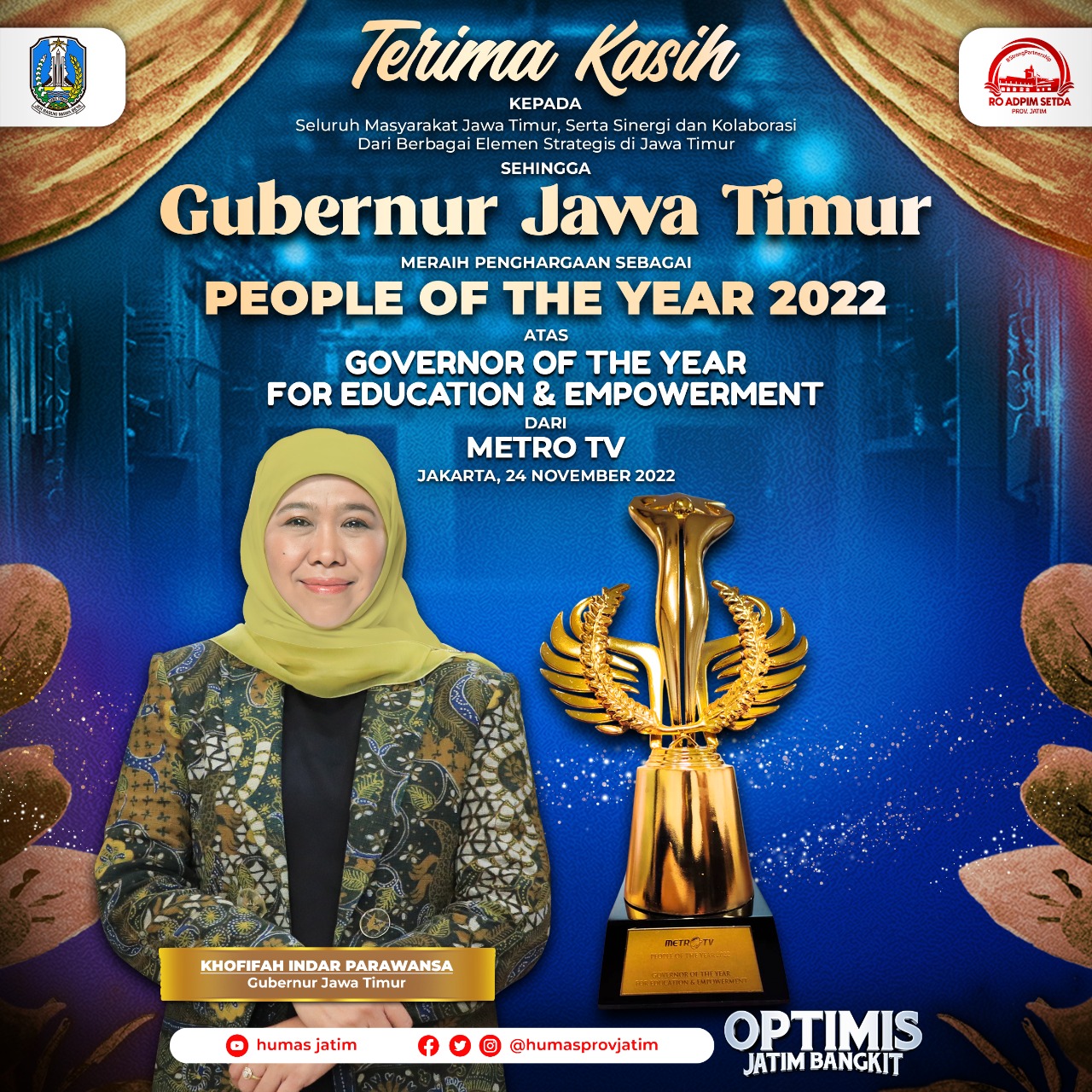 Khofifah Raih 'Governor of The Year for Education and Empowerment' 2022