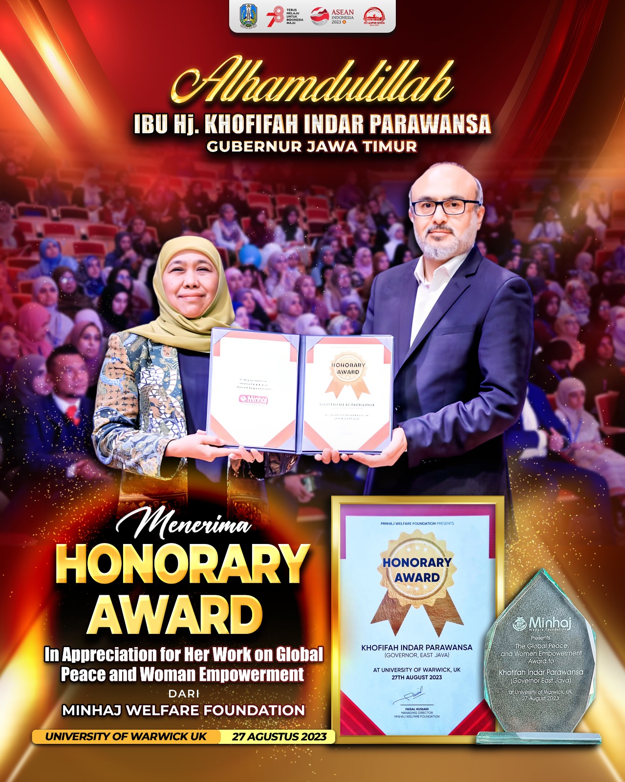 Khofifah Raih Honorary Award for Global Peace and Women Empowerment dari Organisasi Islam Internasional